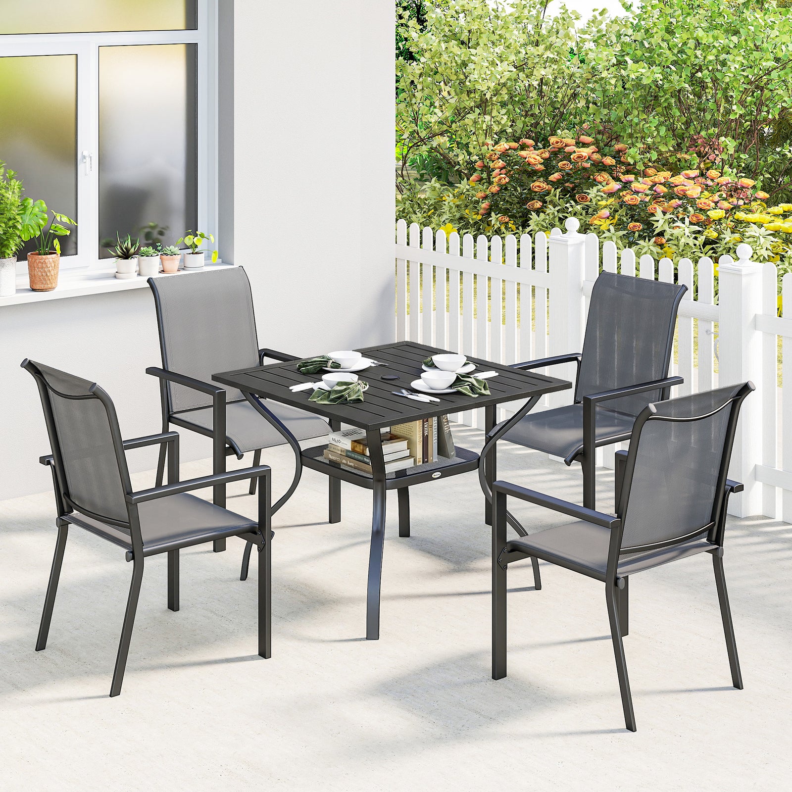 5 Pieces Outdoor Dining Set for 4, Garden Table and Stackable Chairs w
