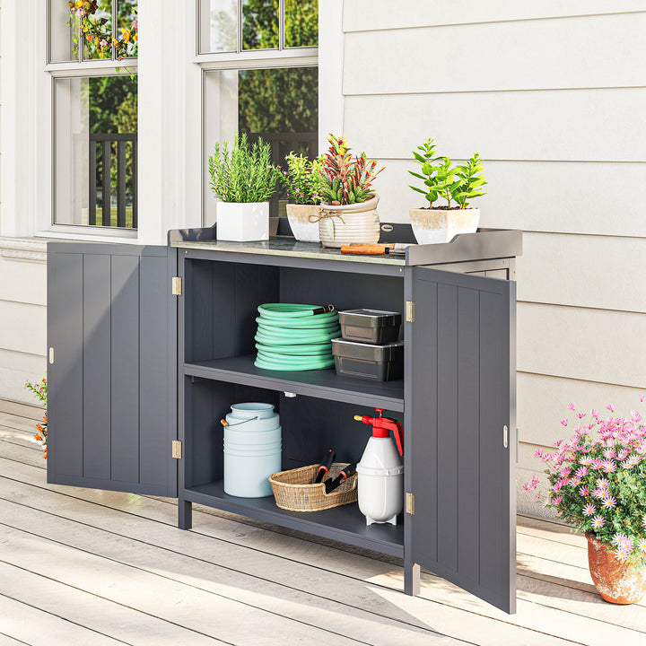MCL Wood Garden Storage Cabinet, Outdoor Tool Shed, Potting Bench Table with Galvanized Top and Two Shelves for Yard Tools or Pool Accessories, Grey