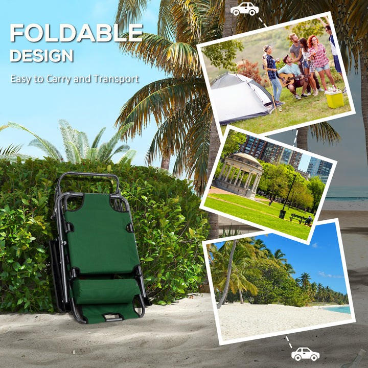 2 in 1 Sun Lounger Folding Reclining Chair Garden Outdoor Camping Adjustable Back with Pillow, Green