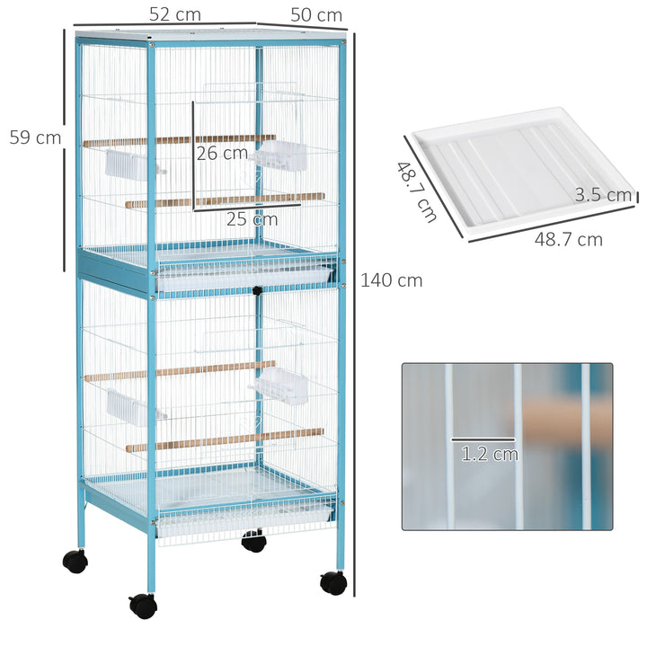 PawHut 2-In-1 Large Bird Cage Aviary, Mobile, Slide-out Trays, Wooden Perch, Feeding Bowls, for Finches Canaries Budgies, Sky Blue | Aosom UK