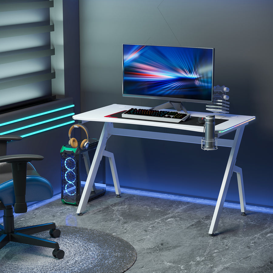 RGB 120 x 66cm Gaming Desk, Computer Table with Carbon Fibre Surface, Headphone Hook, Cup Holder, Controller Rack, Home Office Desk, White
