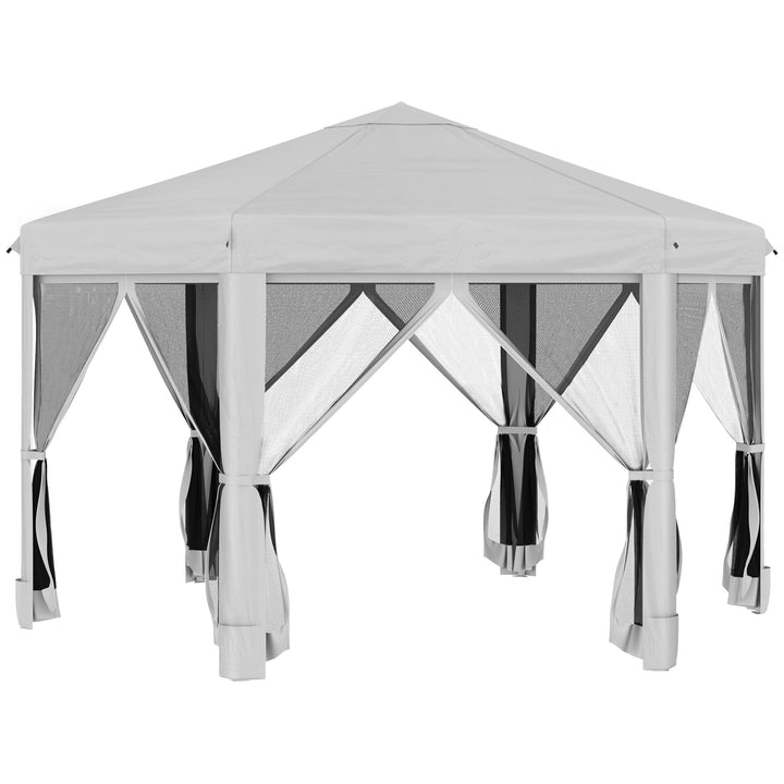 MCL 3.2m Pop Up Gazebo Hexagonal Canopy Tent Outdoor Sun Protection with Mesh Sidewalls, Handy Bag, Light Grey