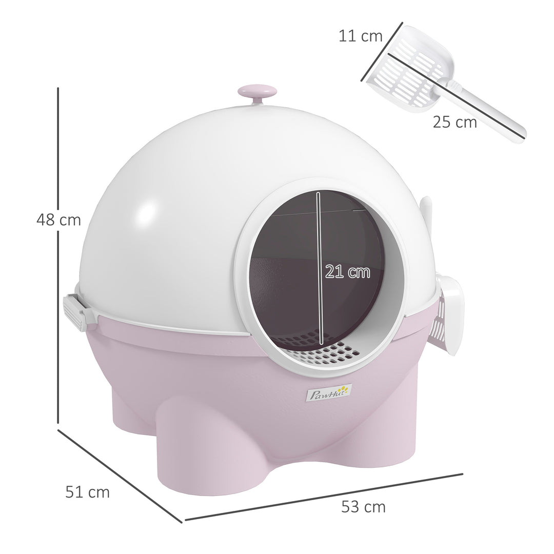 PawHut Hooded Cat Litter Box, Large Litter Tray with Lid, Scoop, Top Handle, and Front Entrance, 53 x 51 x 48cm, Pink | Aosom UK