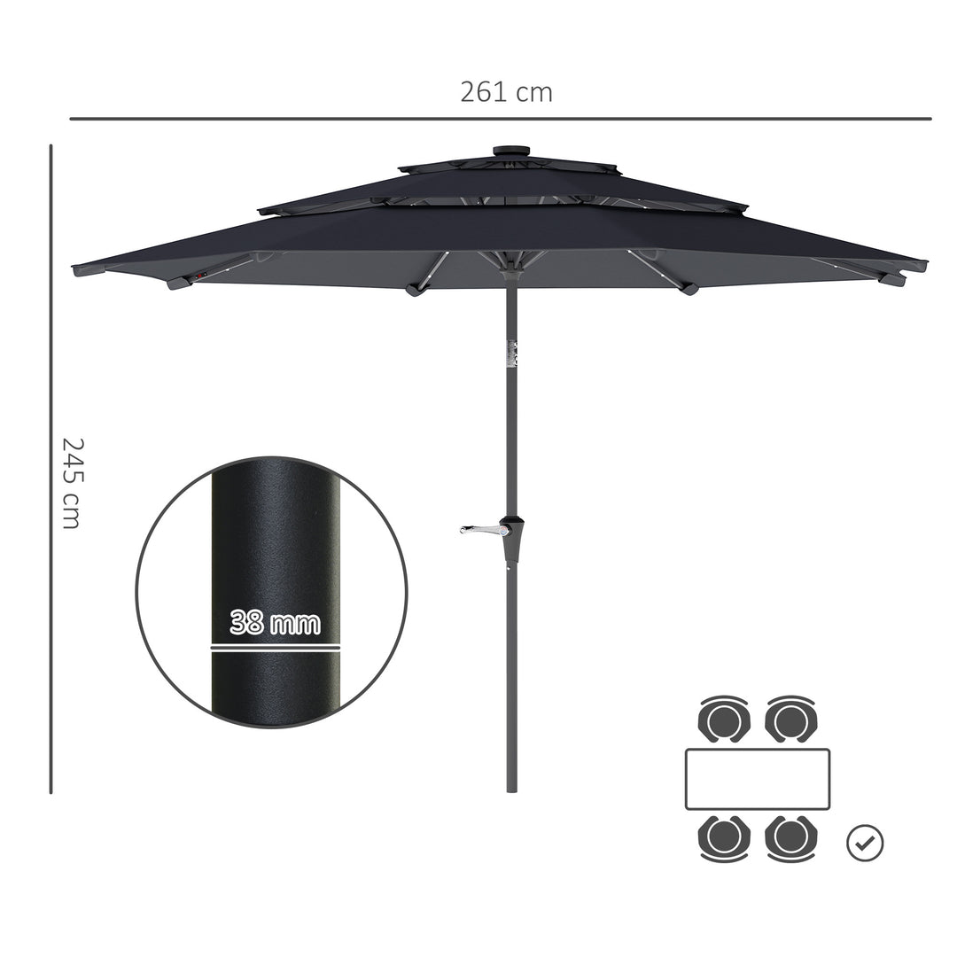 3-Tier Garden Parasol with Solar LED Lights, UPF 30+, Tilt Mechanism & Crank Handle, for Market Terrace, Dark Grey