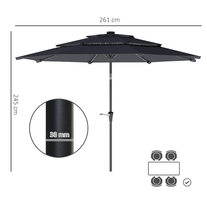 3-Tier Garden Parasol with Solar LED Lights, UPF 30+, Tilt Mechanism & Crank Handle, for Market Terrace, Dark Grey