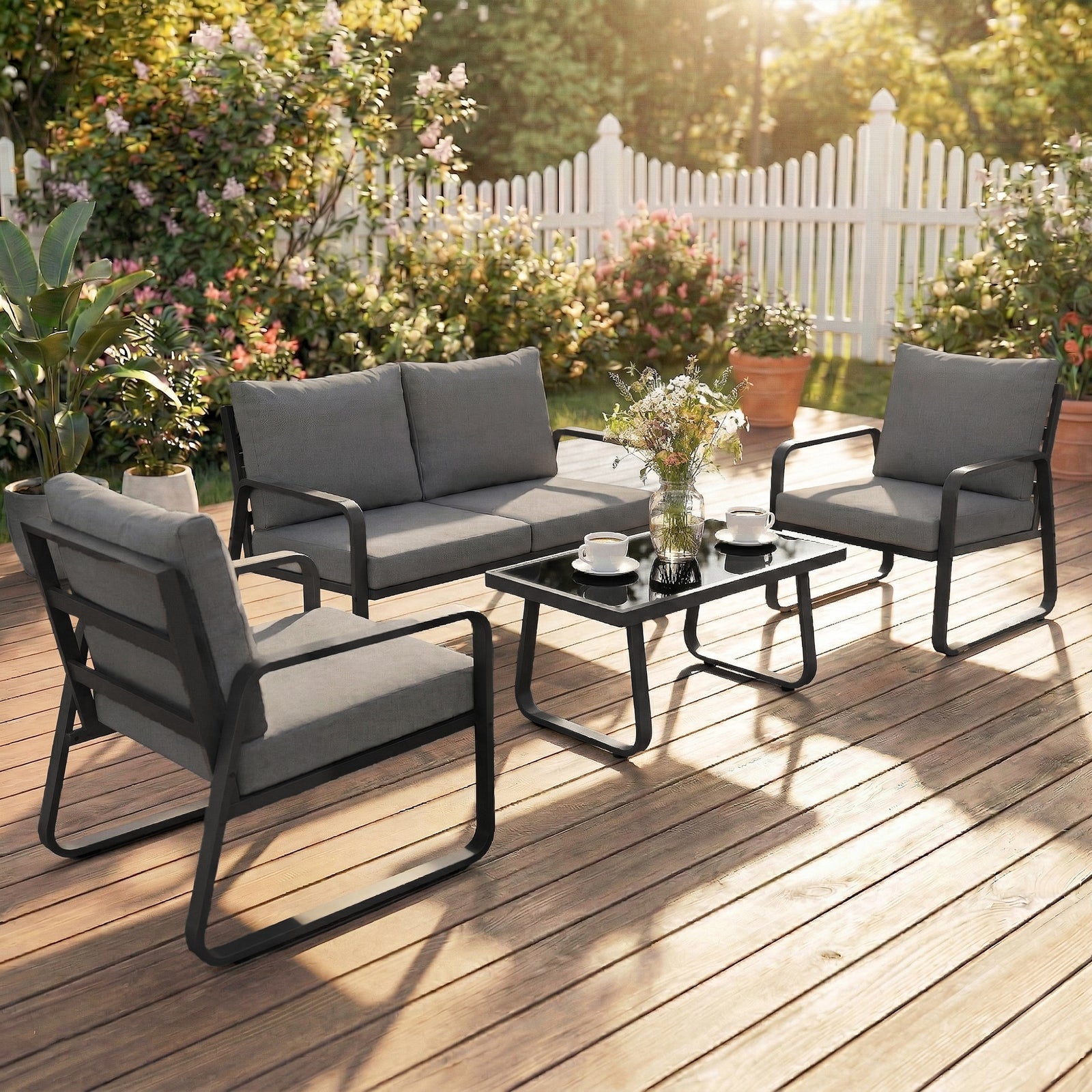 4 Piece Garden Furniture Set, Outdoor Sofa Set with Loveseat, 2 Armcha