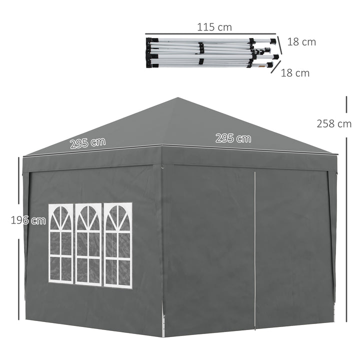 Outsunny 3 x 3 Meters Pop Up Water Resistant Gazebo Wedding Camping Party Tent Canopy Marquee with Carry Bag and 2 Windows, Grey