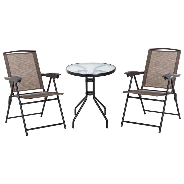 Outsunny 3 Piece Patio Furniture Garden Bistro Set Outdoor 2 Folding Chairs 1 Tempered Glass Table Adjustable Backrest Metal - Brown | Aosom UK