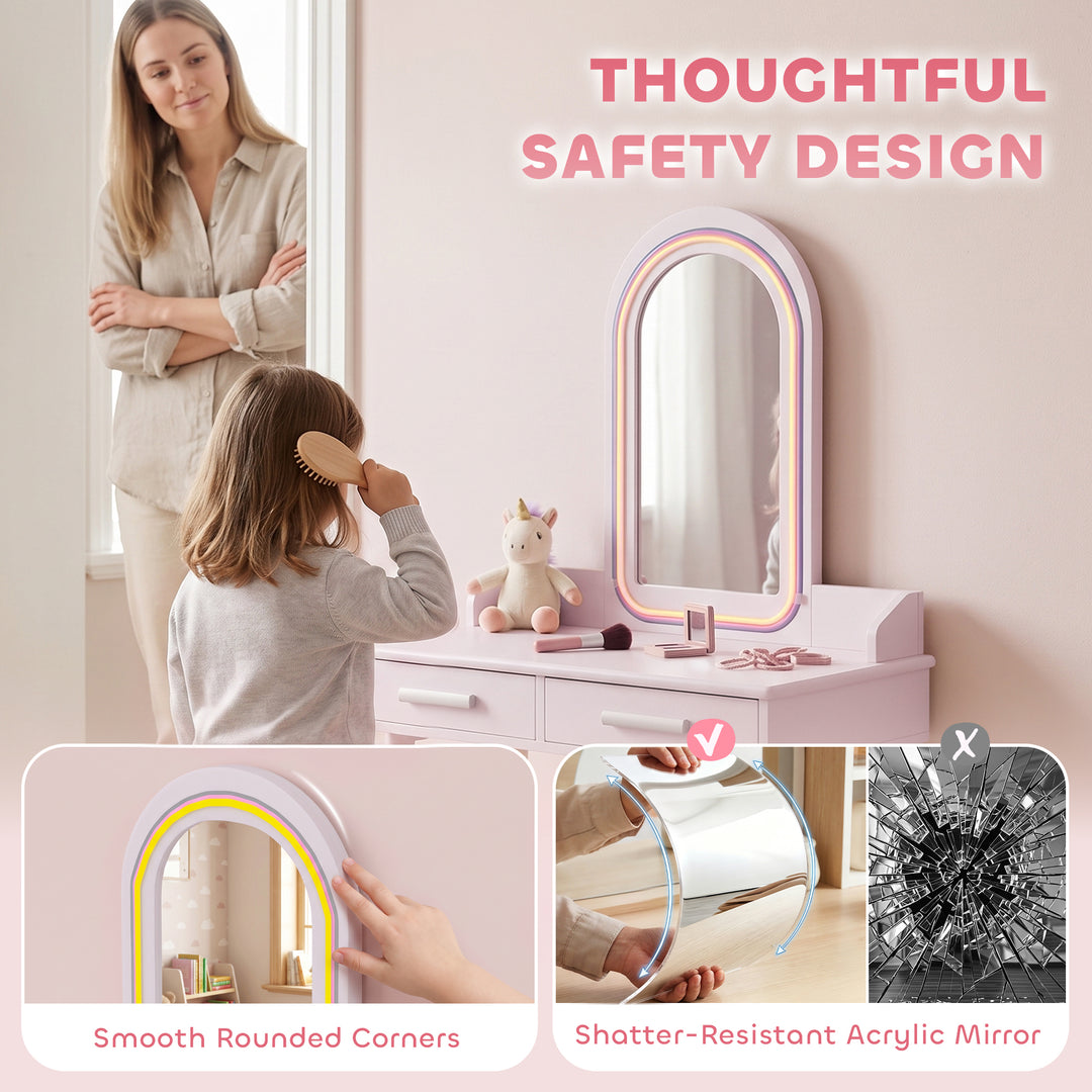 Kids Dressing Table, Girls Vanity Set with Stool, 3-Colour LED Lights 