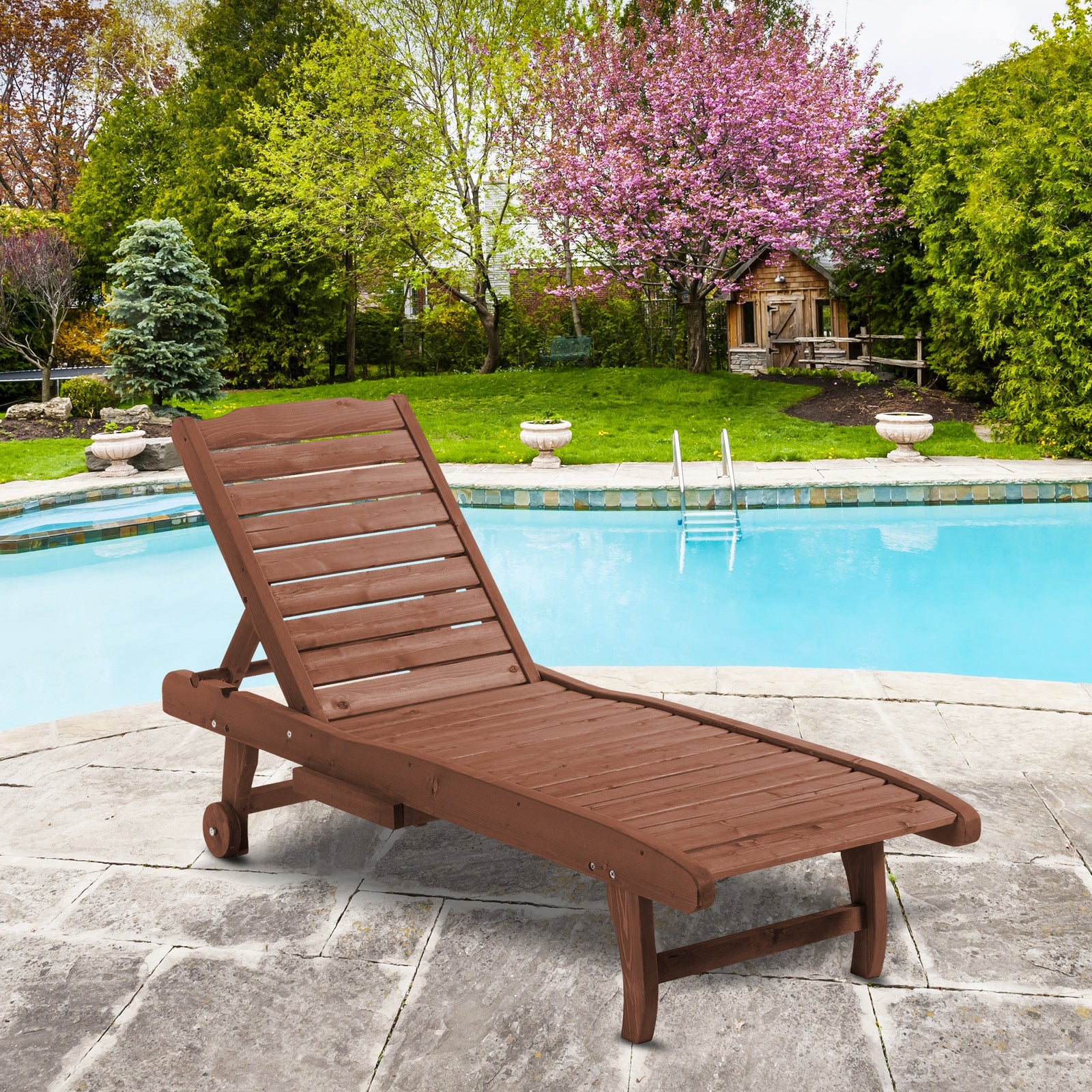 Outdoor Wooden Lounger Chair, Sun Bed with Built-In Table, Adjustable Backrest and Wheels, Red Brown