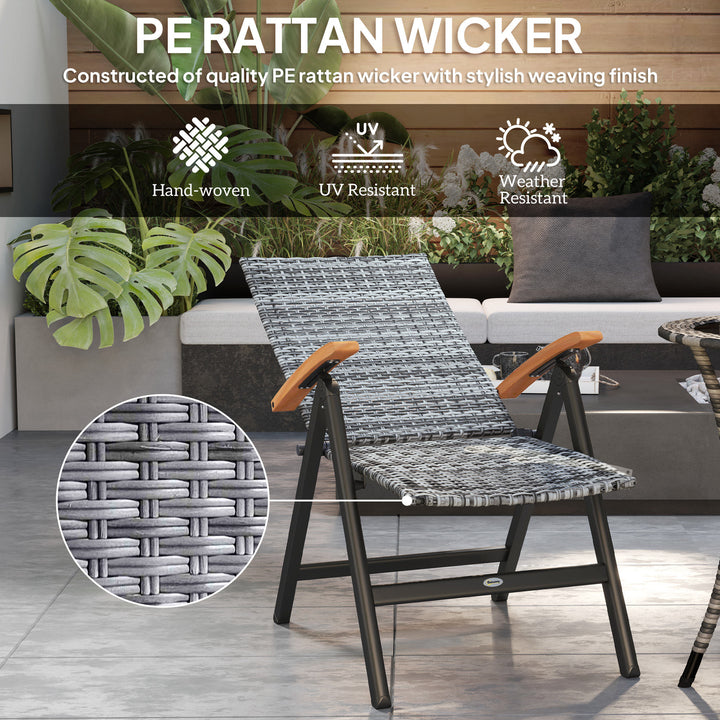 2 Pieces Folding Rattan Garden Dining Chairs with 5-level Reclining High Back, Wood Armrests for Outdoor - Light Grey