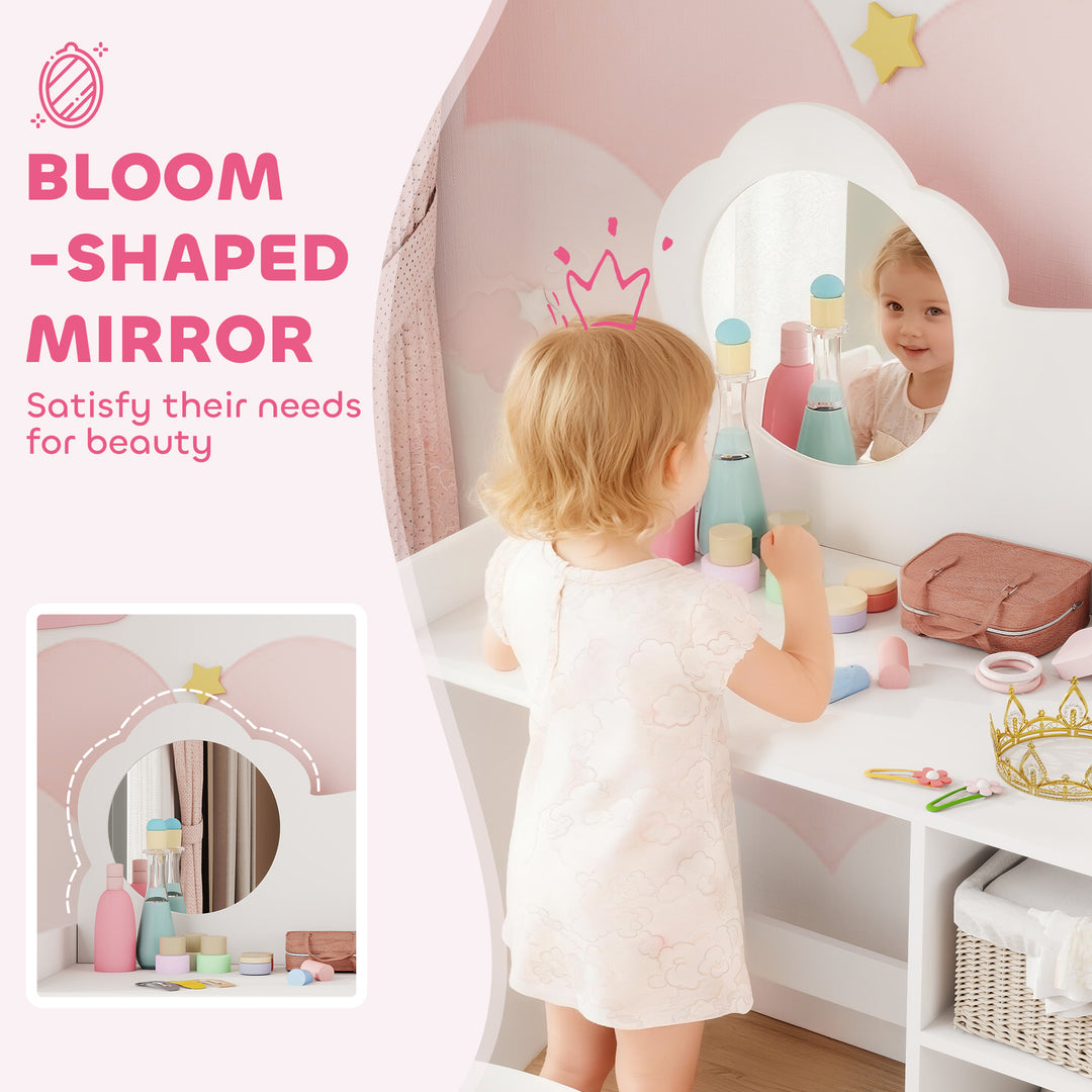 Kids Dressing Table with Mirror, Stool, Kids Vanity Table with Shelves, for Ages 3-8 Years
