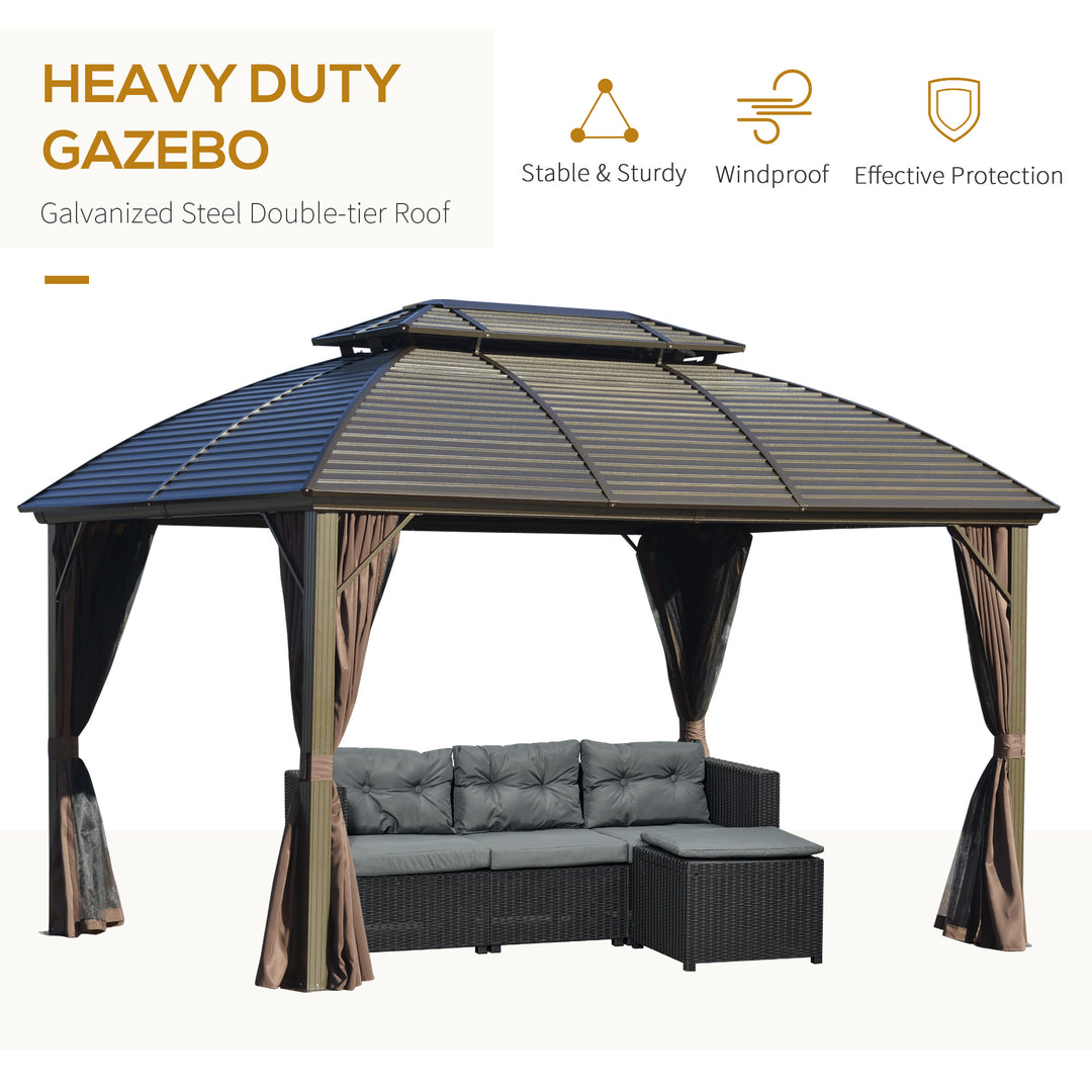 Outsunny 3.65 x 3(m) Hardtop Steel Gazebo Canopy for Patio Heavy Duty Outdoor Pavilion with Aluminum Alloy Frame, Double Roof, Brown