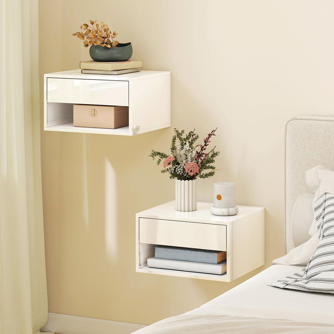 Set of Two Floating Bedside Tables, Wall Mounted Nightstand with Drawe