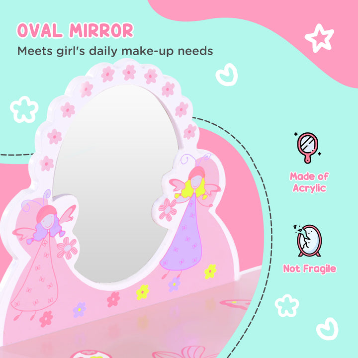 MCL Kids Dressing Table Girls Pink Wooden Kids Dressing Table & Stool Make Up Desk Chair Toys Fairy Dresser Play Set w/Mirror