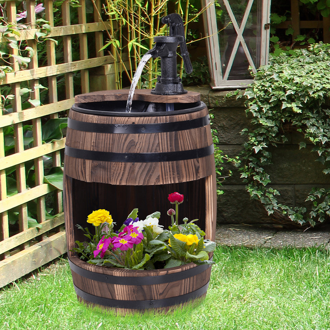 MCL Wood Barrel Patio Water Fountain Electric Pump Garden Decorative Ornament with Flower Planter Decor