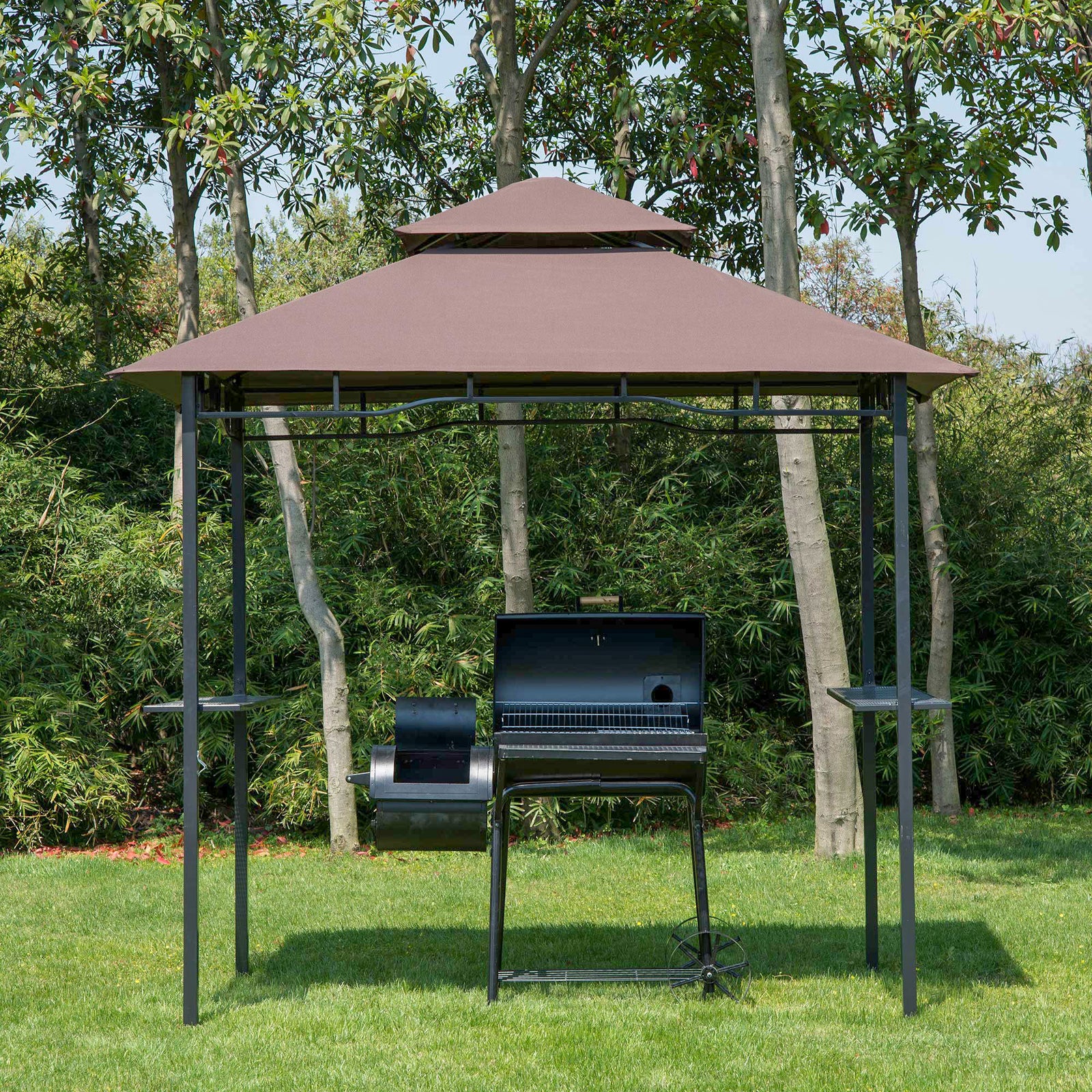 2.5x1.5m (8'x5') Grill Gazebo Canopy, Double Tiered Outdoor BBQ Gazebo Shelter with 2 Side Shelves for Garden, Patio, Barbecue, Picnic, Coffee