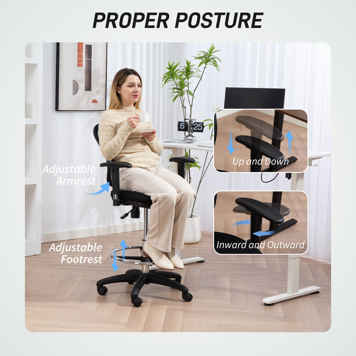 Drafting Chair with Adjustable Armrests, Ergonomic Mesh Office Chair with Lumbar Support, Adjustable Height and Footrest for Standing Desk, Black