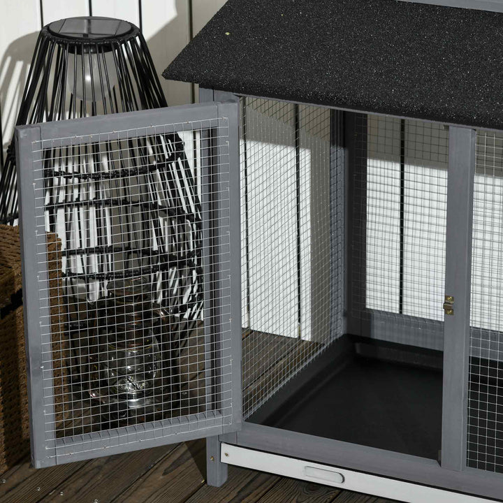 2-Tier Large Rabbit Hutch Outdoor with Double Side Run Boxes, No-leak Plastic Tray, Ramp, 230 x 53 x 93.5cm, Light Grey