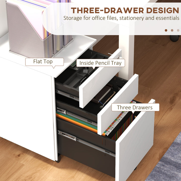 3-Drawer Vertical Filing Cabinet with Pencil Tray, Lock and 5 Wheels, Steel Mobile File Cabinet, for A4, Legal and Letter Size, Pre-Assembled Body, White