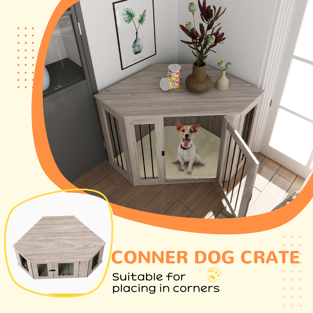 Dog Crate Furniture Side Table, with Cushion, 122 x 61 x 71cm - Walnut Brown