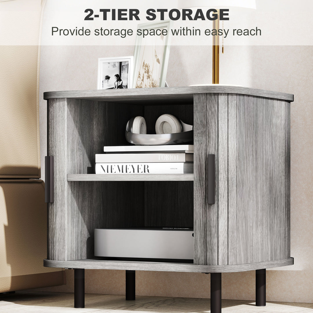 Bedside Table, Nordic Side Table with Roller Shutter Style Sliding Doors and Metal Legs for Bedroom, Living Room, Grey