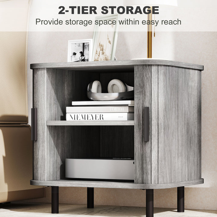 Bedside Table, Nordic Side Table with Roller Shutter Style Sliding Doors and Metal Legs for Bedroom, Living Room, Grey