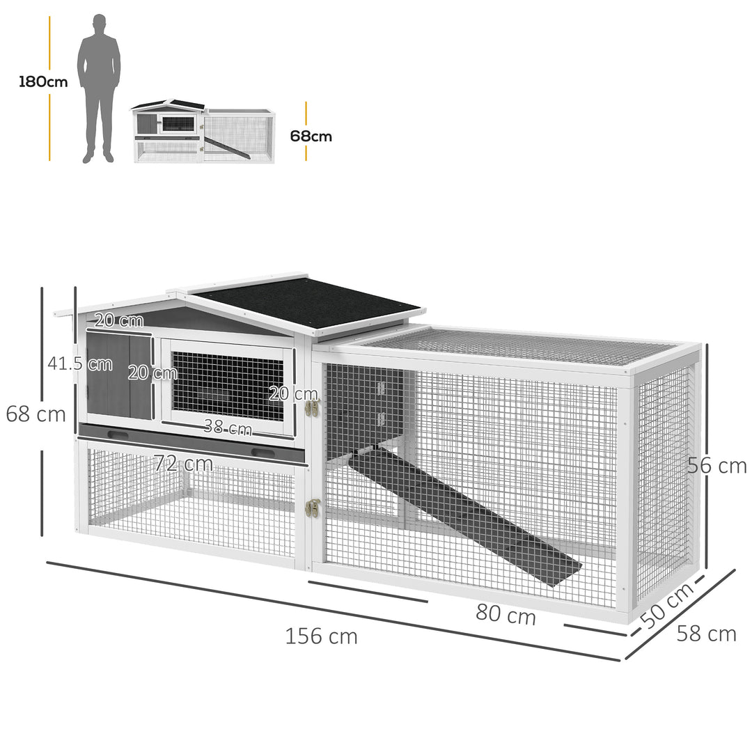 Rabbit Hutch with Run Wooden Guinea Pig Hutch Outdoor Bunny Cage Hide House with Sliding Tray, Hay Rack, Ramp, 156 x 58 x 68cm, Grey