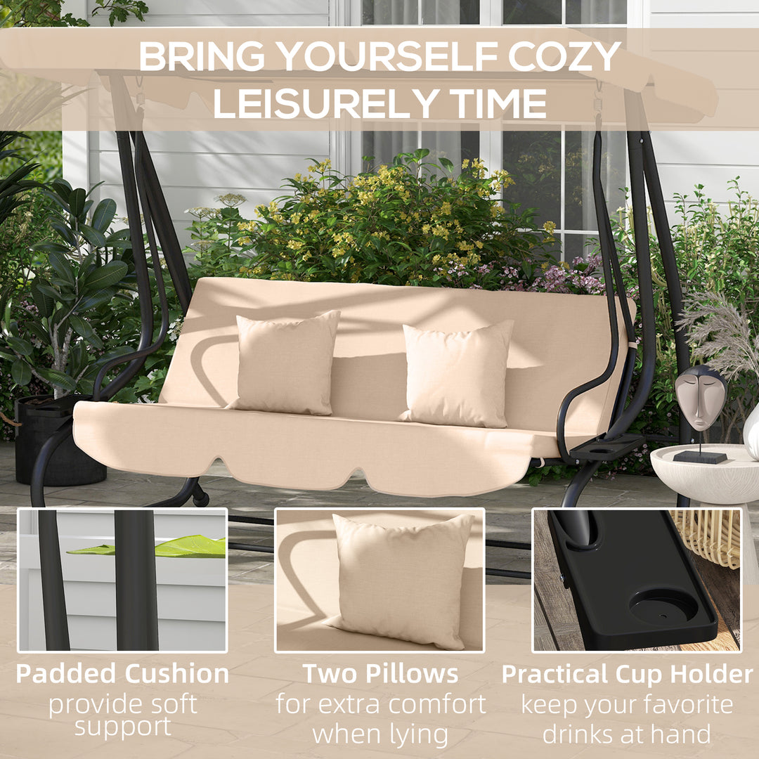 Three-Person garden Swing Chair, with Adjustable Canopy - Light Brown