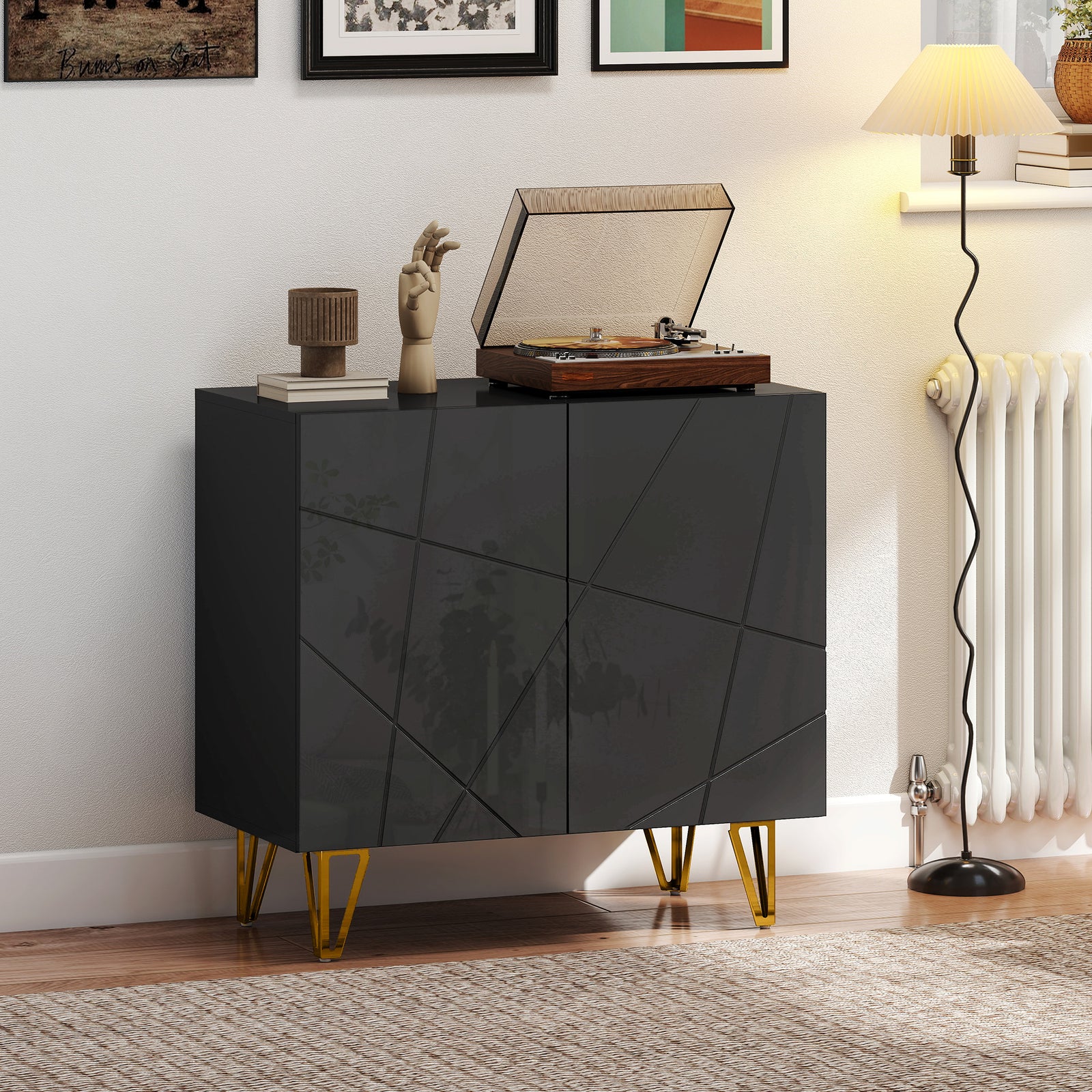 Modern Luxe High Gloss Sideboard, with Hairpin Legs - Black