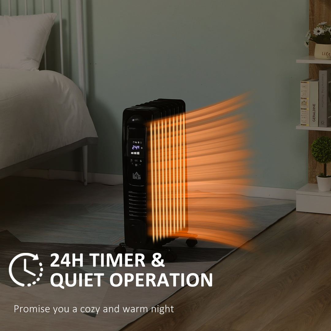 1500W Digital Oil Filled Radiator, 7 Fin, Portable Electric Heater with LED Display, Built-in Timer, 3 Heat Settings, Safety Cut-Off and Remote Control, Black