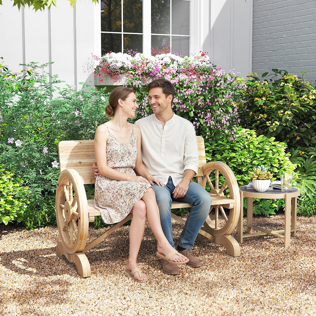 Fir Wood 2-Seater Outdoor Garden Wagon Wheel Bench, Natural Wood Finis