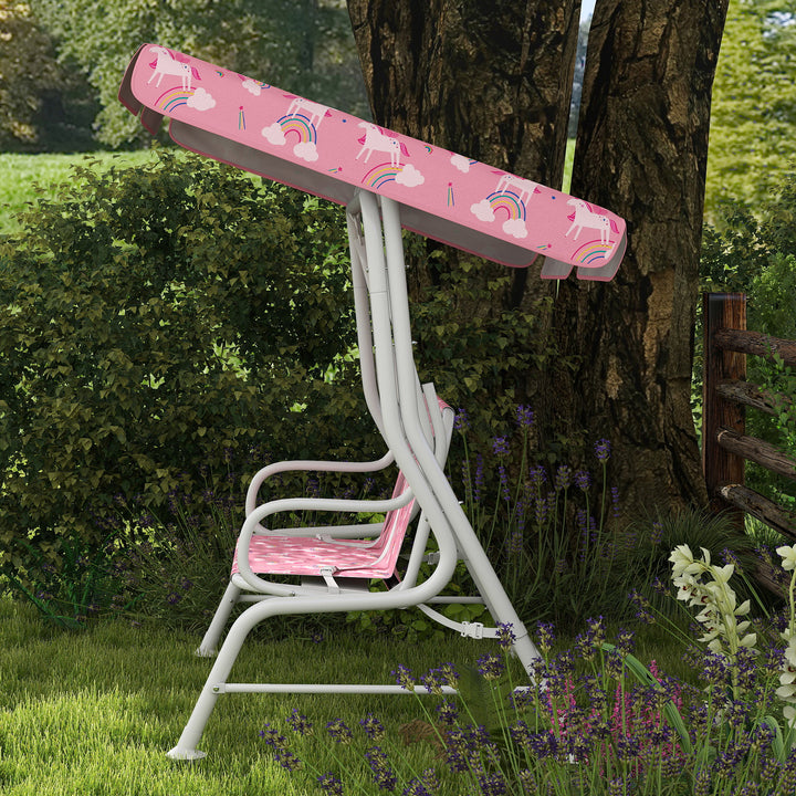 Kids Porch Swing, 2-Seater Patio Swing Bench Hammock with Seat Belts, Adjustable Canopy for Garden - Pink