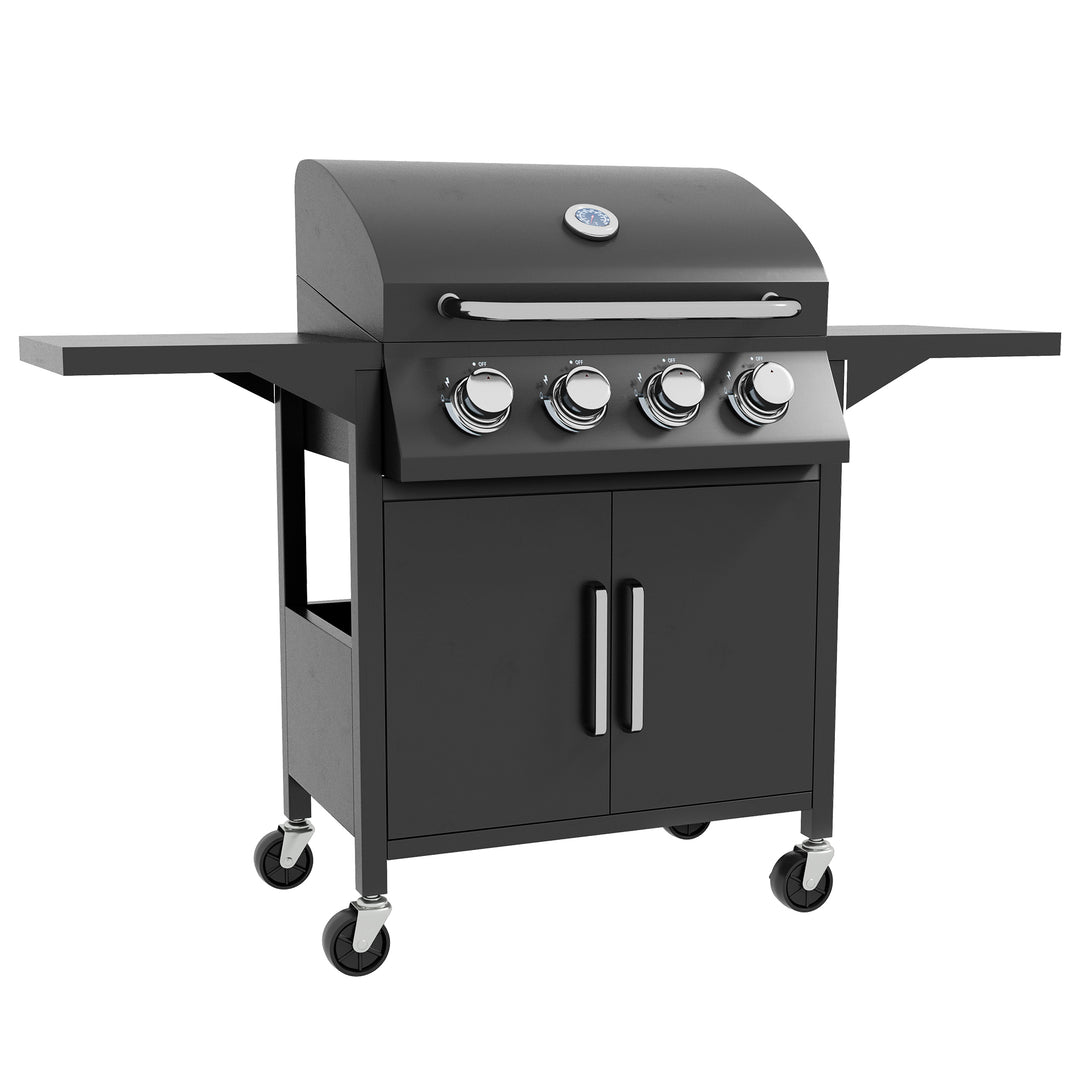 4 Burner Gas BBQ Grill Outdoor Portable Barbecue Trolley w/ Warming Rack, Side Shelves, Storage Cabinet, Thermometer