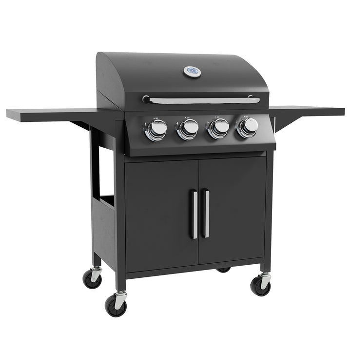 4 Burner Gas BBQ Grill Outdoor Portable Barbecue Trolley w/ Warming Rack, Side Shelves, Storage Cabinet, Thermometer