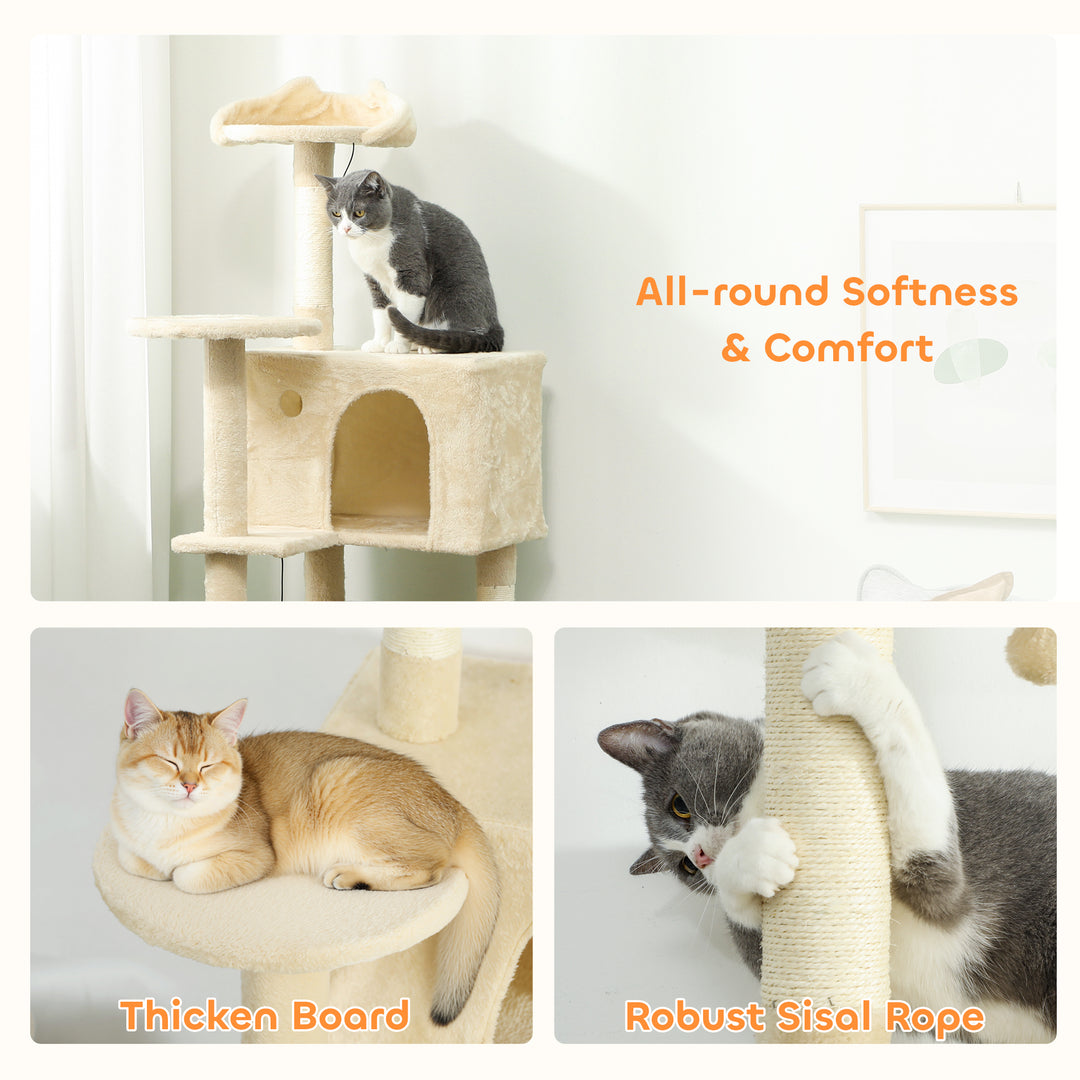 MCL 140cm Large Cat Tree Tower with Sisal Scratching Posts, Condos, Plush Perches, Hammock, Ladder, Beige
