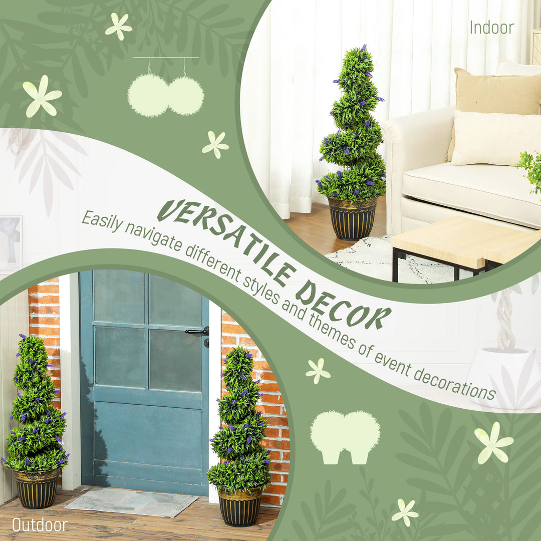 Set of 2 Decorative Artificial Plants, Boxwood Spiral Topiary Tree with Lavender and Pot, Fake Plants for Home Indoor Outdoor Decor, 90cm