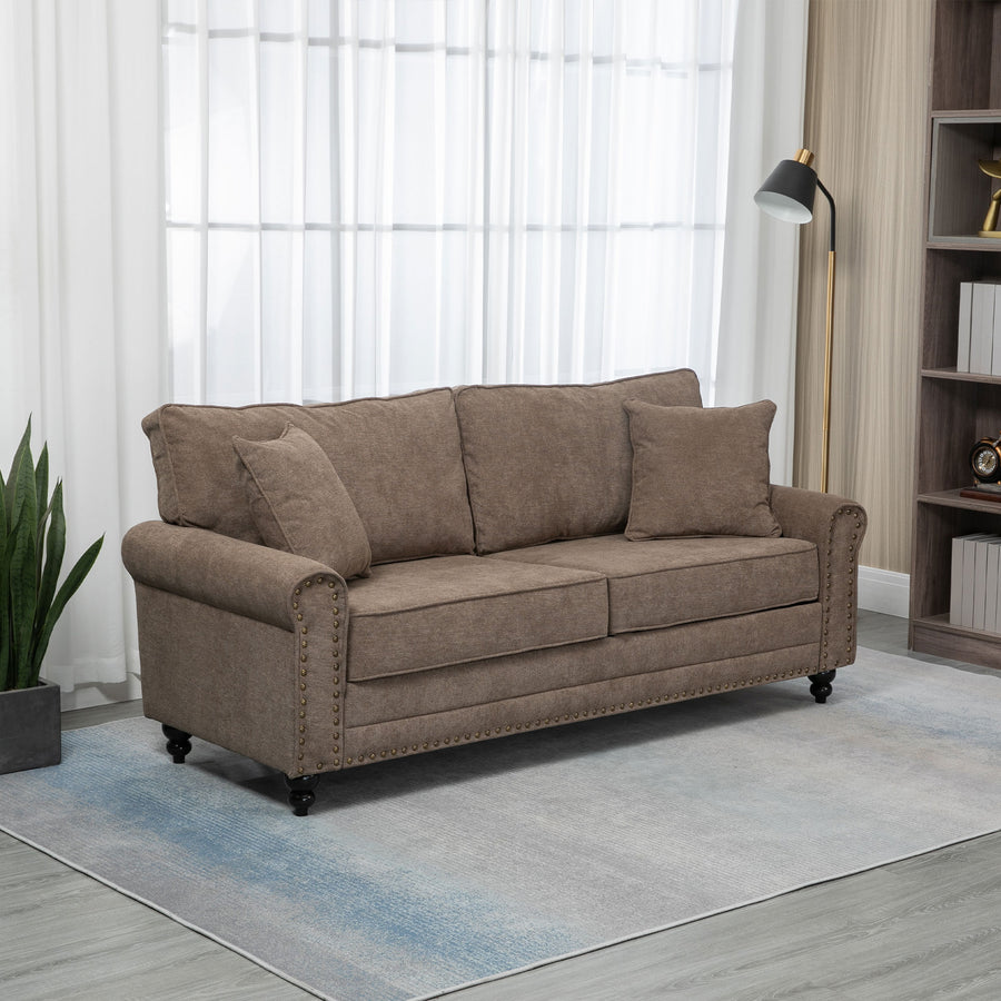 3 Seater Sofa, Fabric Couch with Rubber Wood Legs, 3 Seater Settee with Extra Padded Cushions and Pillows for Living Room, 196W x 80.5D x 89H cm, Brown