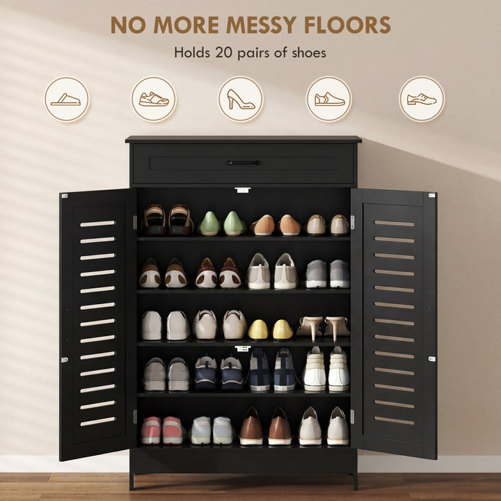 Shoe Cabinet with Louvered Doors, Modern Shoe Storage Cabinet with Dra