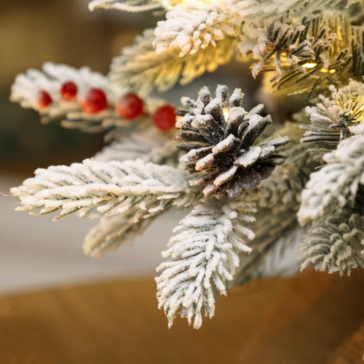 MCL 60 cm Prelit Small Christmas Tree with 35 LED Lights, Snow Flocked Tabletop Mini Xmas Tree with Pine Cones, Berry Clusters and Linen Cover Base, Battery Operated, Green