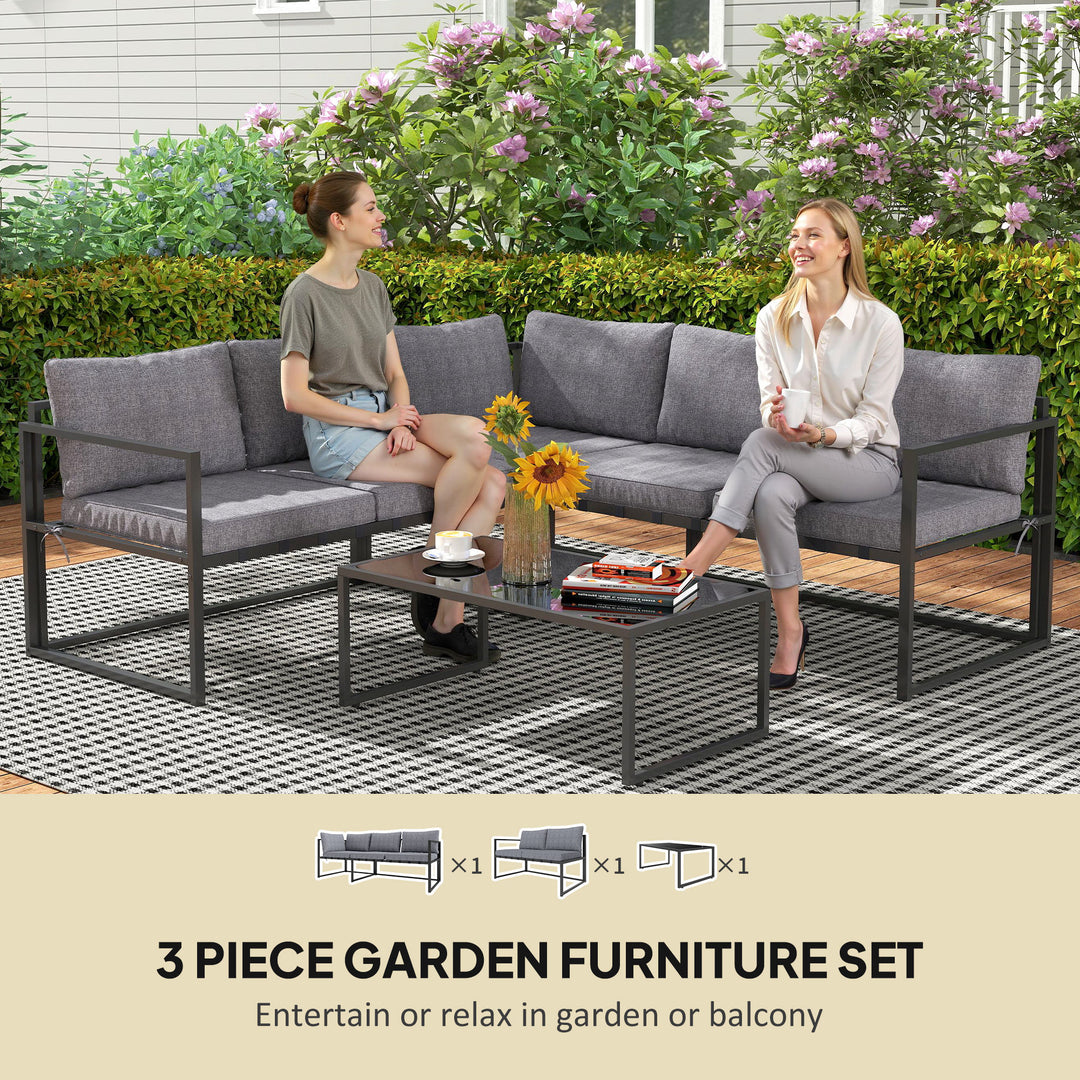 Three-Piece L Shaped Garden Furniture Set with Cushions - Grey