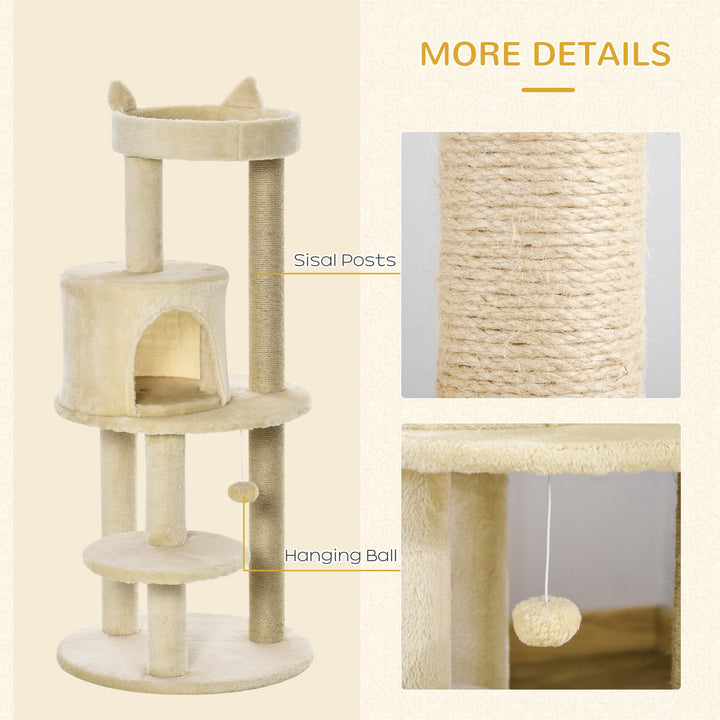 PawHut Sisal-Covered Cat Tree Tower, Pet Activity Centre with Scratching Post, Cosy Perch, Beige, 48 x 48 x 104cm | Aosom UK