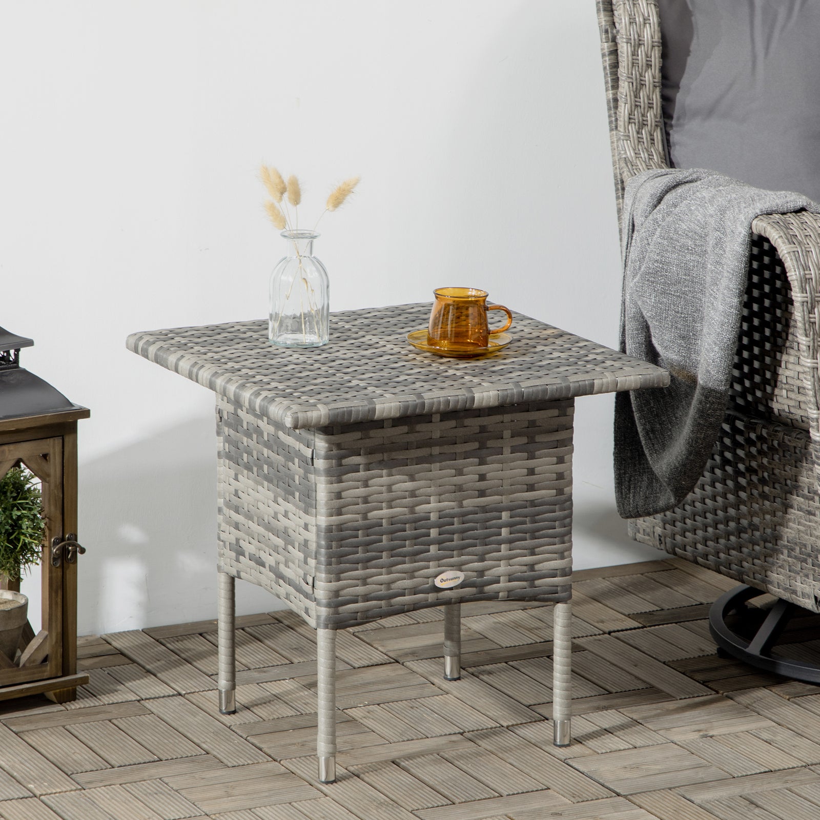 Rattan Side Table, Outdoor Coffee Table with Plastic Board Under the Full Woven Table Top for Patio, Garden, Balcony, Mixed Grey