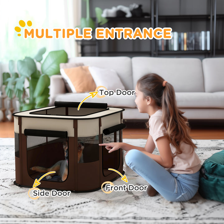 Foldable Dog Pen with Storage Bag for Indoor/Outdoor Use, Portable Pet playpen, with Ground Stakes - Brown