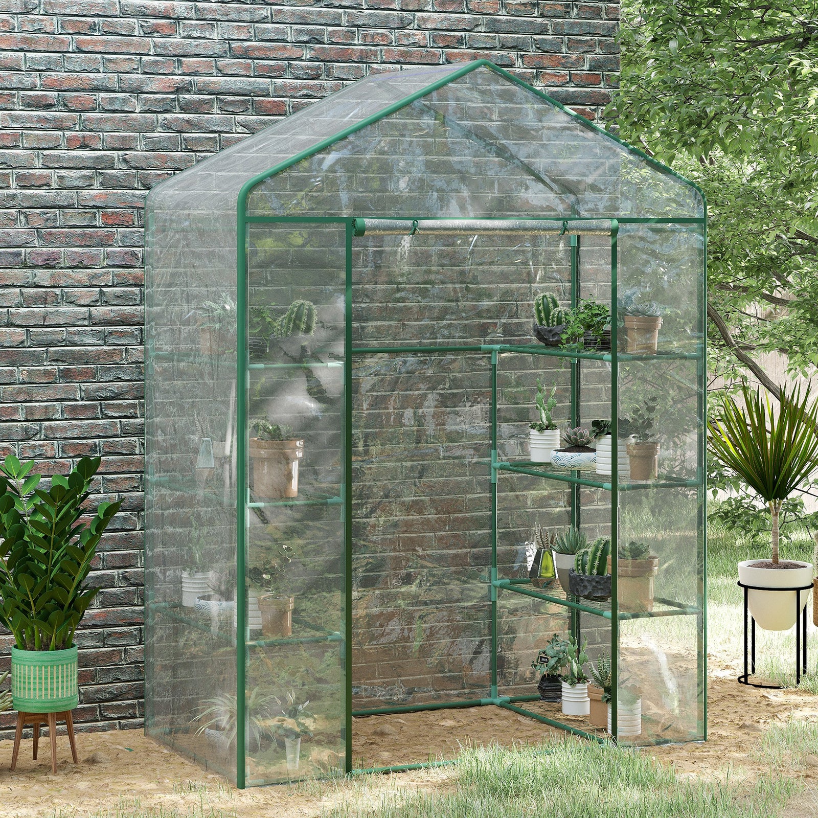 Walk in Greenhouse with 4-Tier 8 Shelves, Green House with Hemmed Cover, Roll-up Zipped Door, Steel Frame, 143 x 73 x 195cm