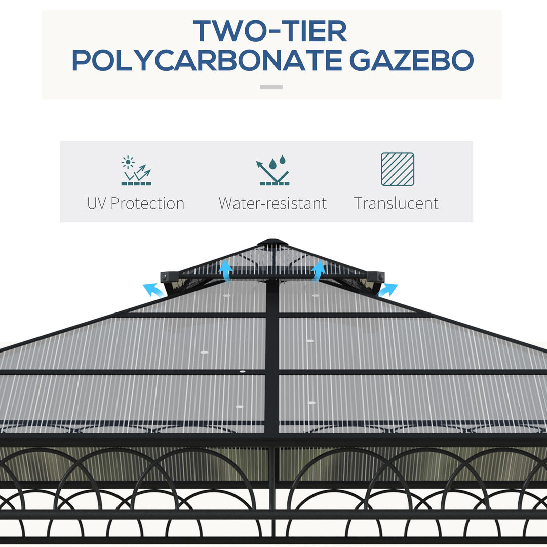 3 x 3 (m) Outdoor Polycarbonate Gazebo, Double Roof Hard Top Gazebo with Galvanised Steel Frame, Nettings & Curtains for Garden, Lawn, Patio and Deck, Khaki