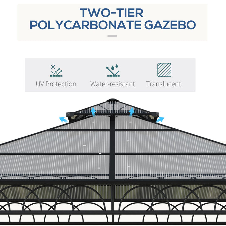 3 x 3 (m) Outdoor Polycarbonate Gazebo, Double Roof Hard Top Gazebo with Galvanised Steel Frame, Nettings & Curtains for Garden, Lawn, Patio and Deck, Khaki