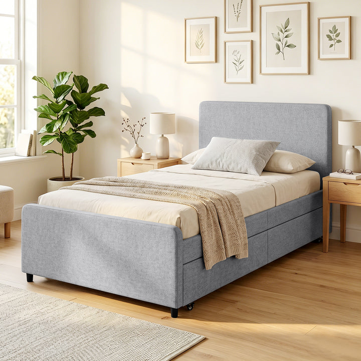 3ft Single Bed Frame with Trundle, Upholstered Pull Out Trundle Bed wi