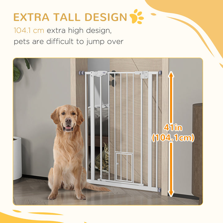 PawHut Extra Tall Pet Gate, Indoor Dog Safety Gate, with Cat Flap, Auto Close, 74-80cm Wide - White | Aosom UK