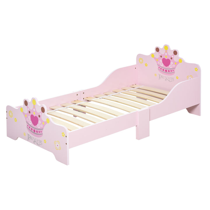 HOMCOM Kids Wooden Bed with Crown Modeling Safety Side Rails Easy to Clean Perfect Gift for Toddlers Girls Age 3 to 6 Years Old Pink | Aosom UK